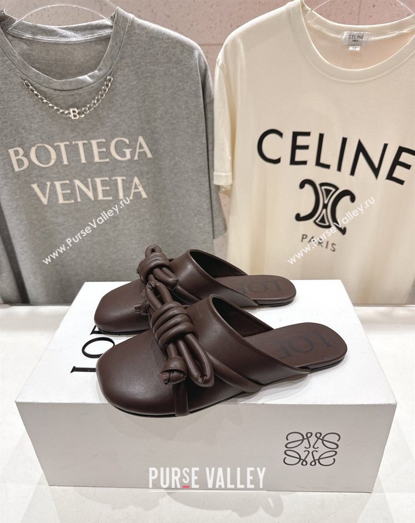 Loewe Flamenco Knot Flat Mules in Lambskin Leather Dark Chestnut Brown 2026 (MD-260226005)