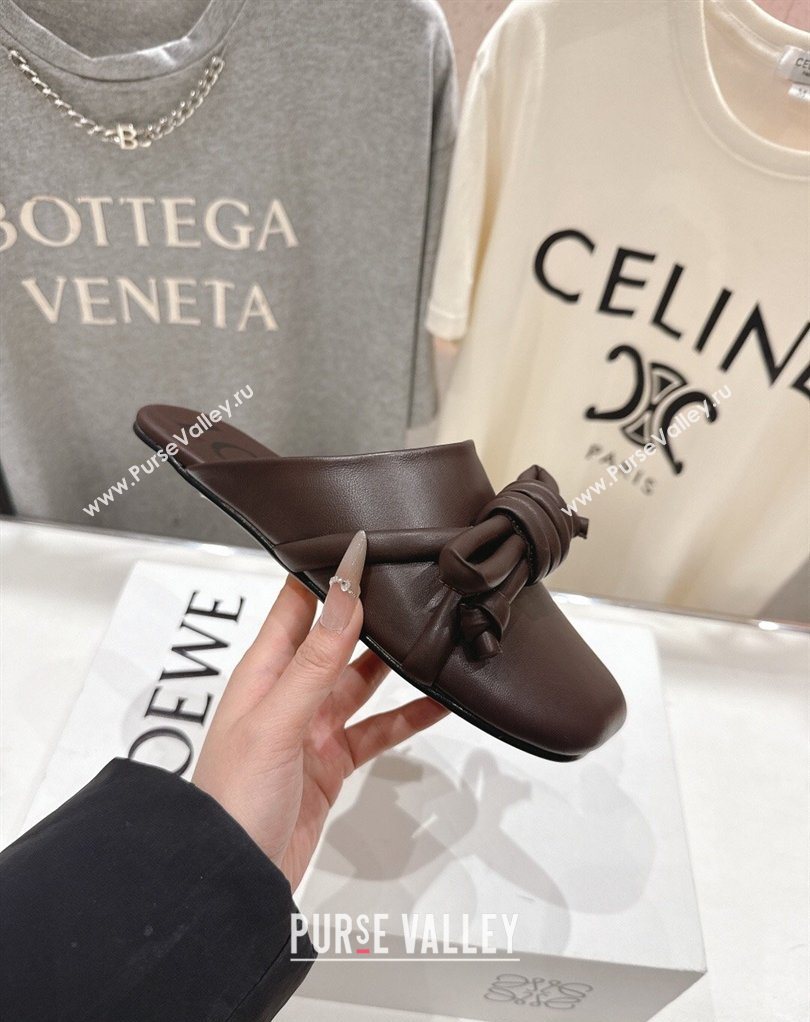 Loewe Flamenco Knot Flat Mules in Lambskin Leather Dark Chestnut Brown 2026 (MD-260226005)