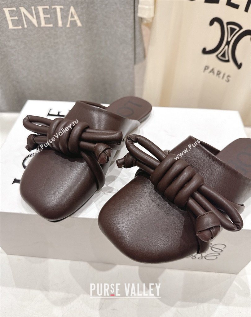 Loewe Flamenco Knot Flat Mules in Lambskin Leather Dark Chestnut Brown 2026 (MD-260226005)