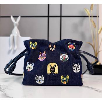 Louis Wain x Loewe Mini Flamenco Clutch in Cat Embroidered Denim Blue 2026 (Ys-260407059)