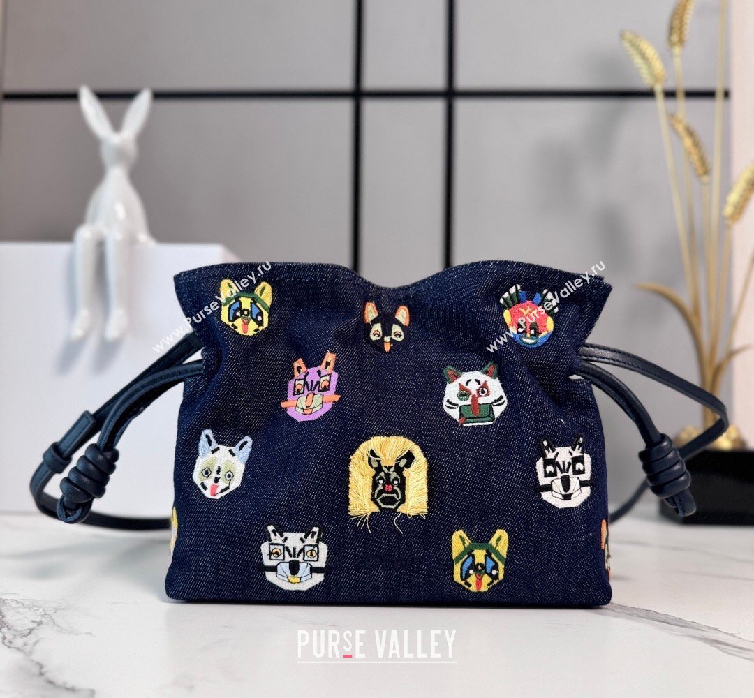 Louis Wain x Loewe Mini Flamenco Clutch in Cat Embroidered Denim Blue 2026 (Ys-260407059)