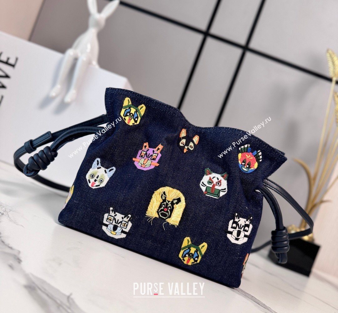 Louis Wain x Loewe Mini Flamenco Clutch in Cat Embroidered Denim Blue 2026 (Ys-260407059)