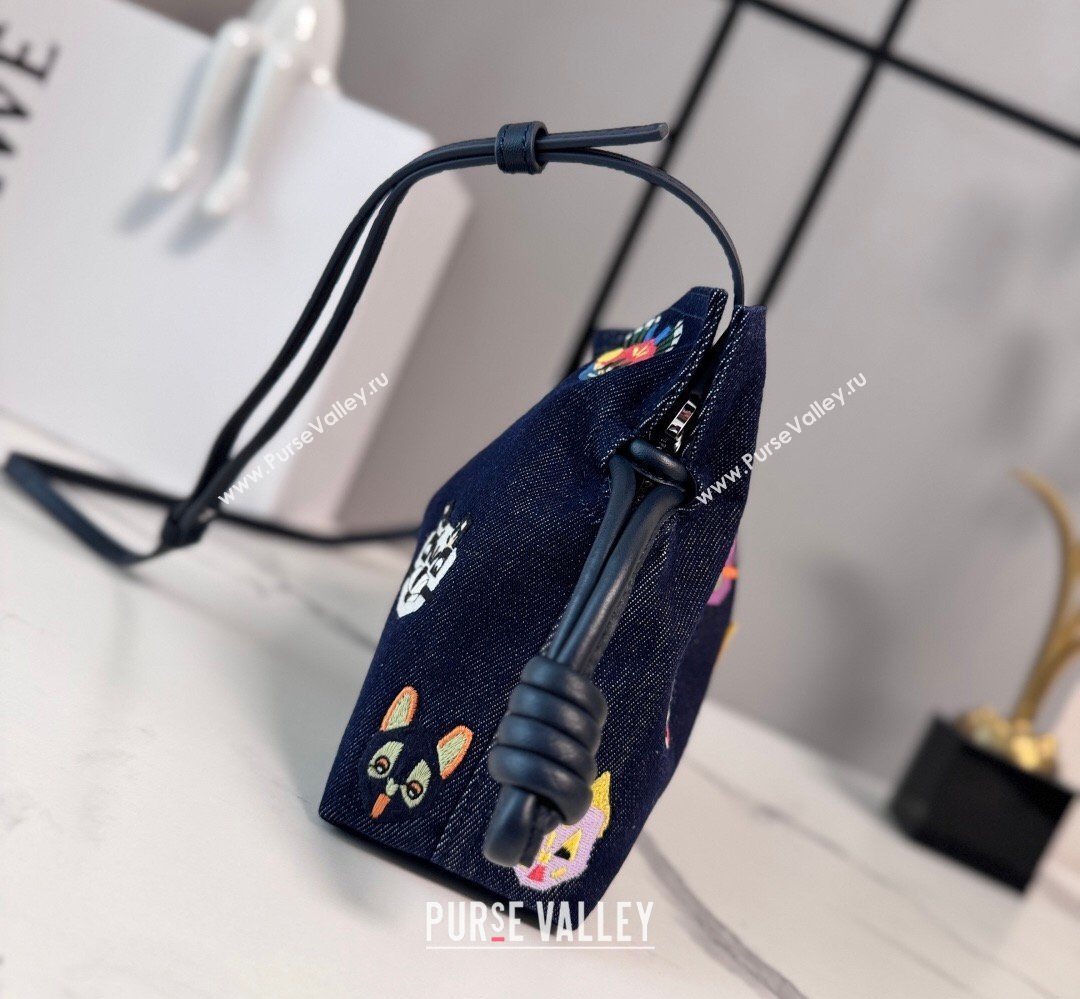 Louis Wain x Loewe Mini Flamenco Clutch in Cat Embroidered Denim Blue 2026 (Ys-260407059)