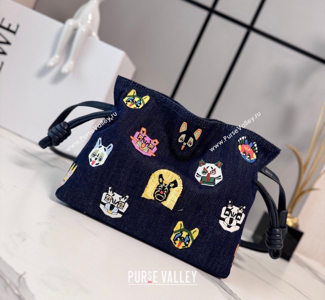 Louis Wain x Loewe Mini Flamenco Clutch in Cat Embroidered Denim Blue 2026 (Ys-260407059)