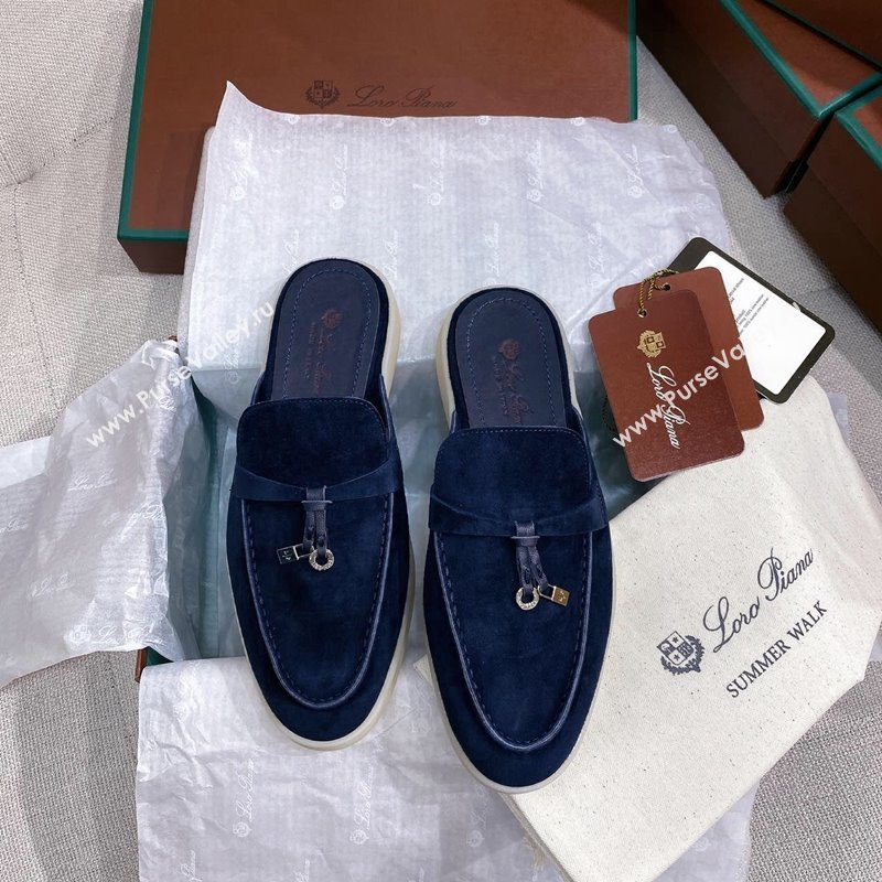 Loro Piana Suede Flat Mules Blue 2024 050703 (KL-240507091)