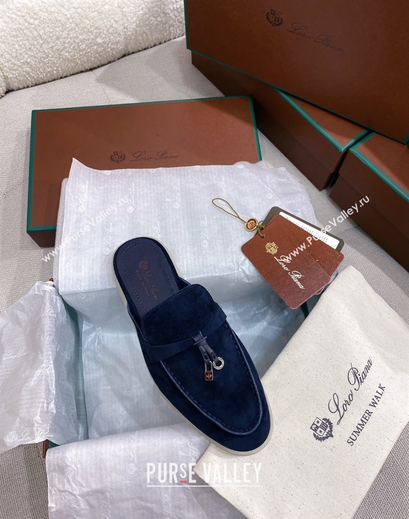 Loro Piana Suede Flat Mules Blue 2024 050703 (KL-240507091)