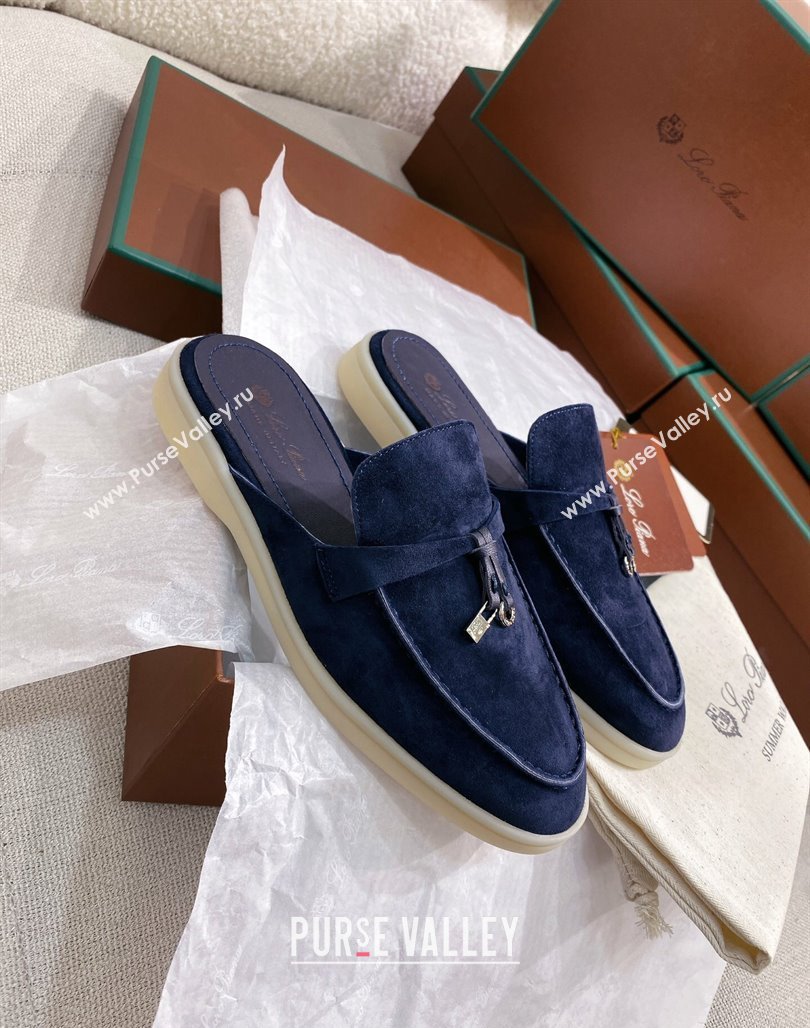 Loro Piana Suede Flat Mules Blue 2024 050703 (KL-240507091)