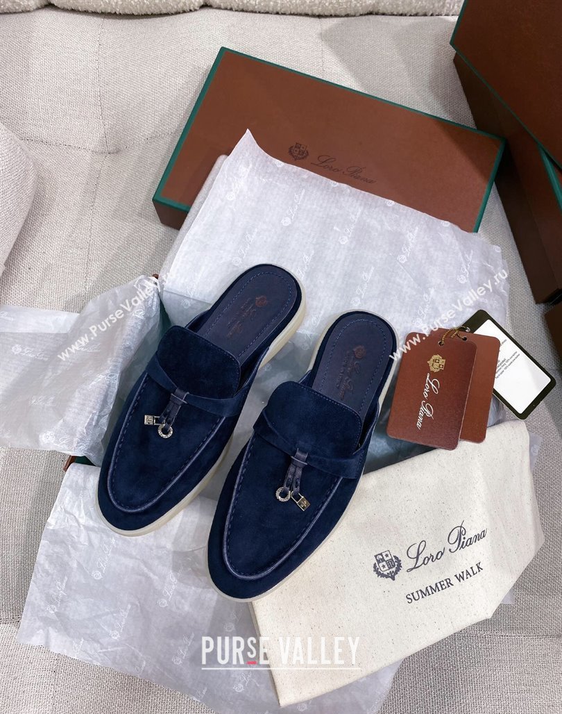 Loro Piana Suede Flat Mules Blue 2024 050703 (KL-240507091)