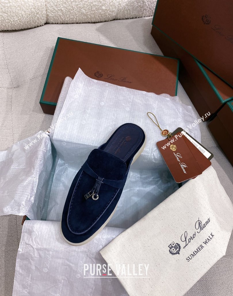 Loro Piana Suede Flat Mules Blue 2024 050703 (KL-240507091)