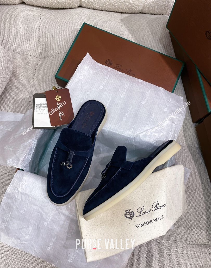 Loro Piana Suede Flat Mules Blue 2024 050703 (KL-240507091)