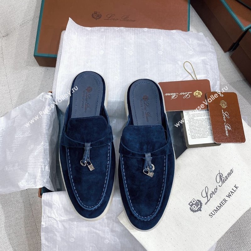 Loro Piana Suede Flat Mules Blue 2024 050704 (KL-240507092)