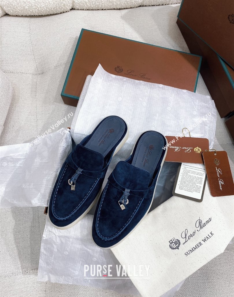 Loro Piana Suede Flat Mules Blue 2024 050704 (KL-240507092)