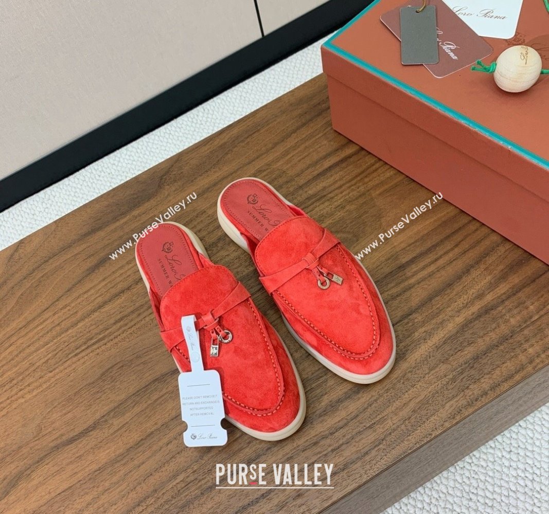 Loro Piana Suede Flat Mules Watermelon Red 2024 0812 (MD-240812058)