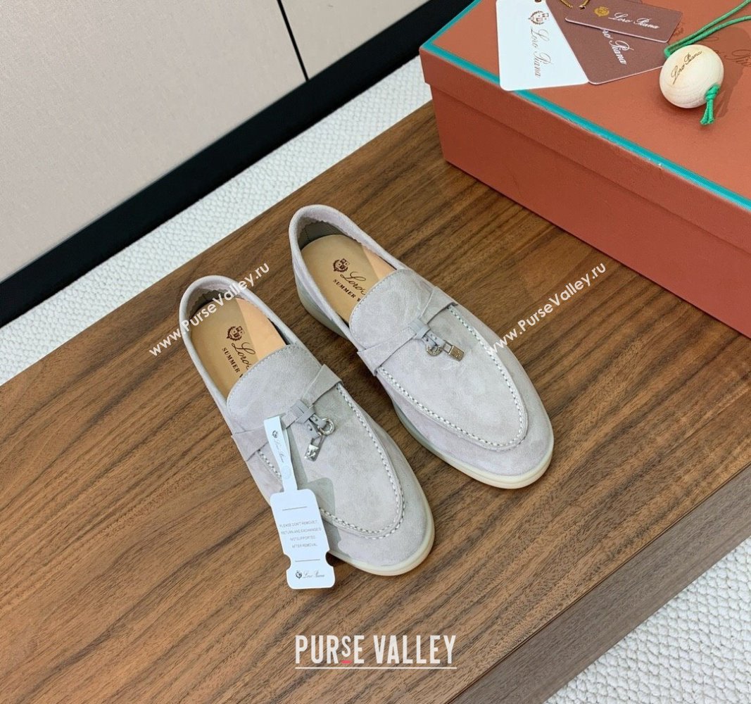 Loro Piana Suede Flat Loafers with Charm Pearly Grey 2024 0812 (MD-240812092)