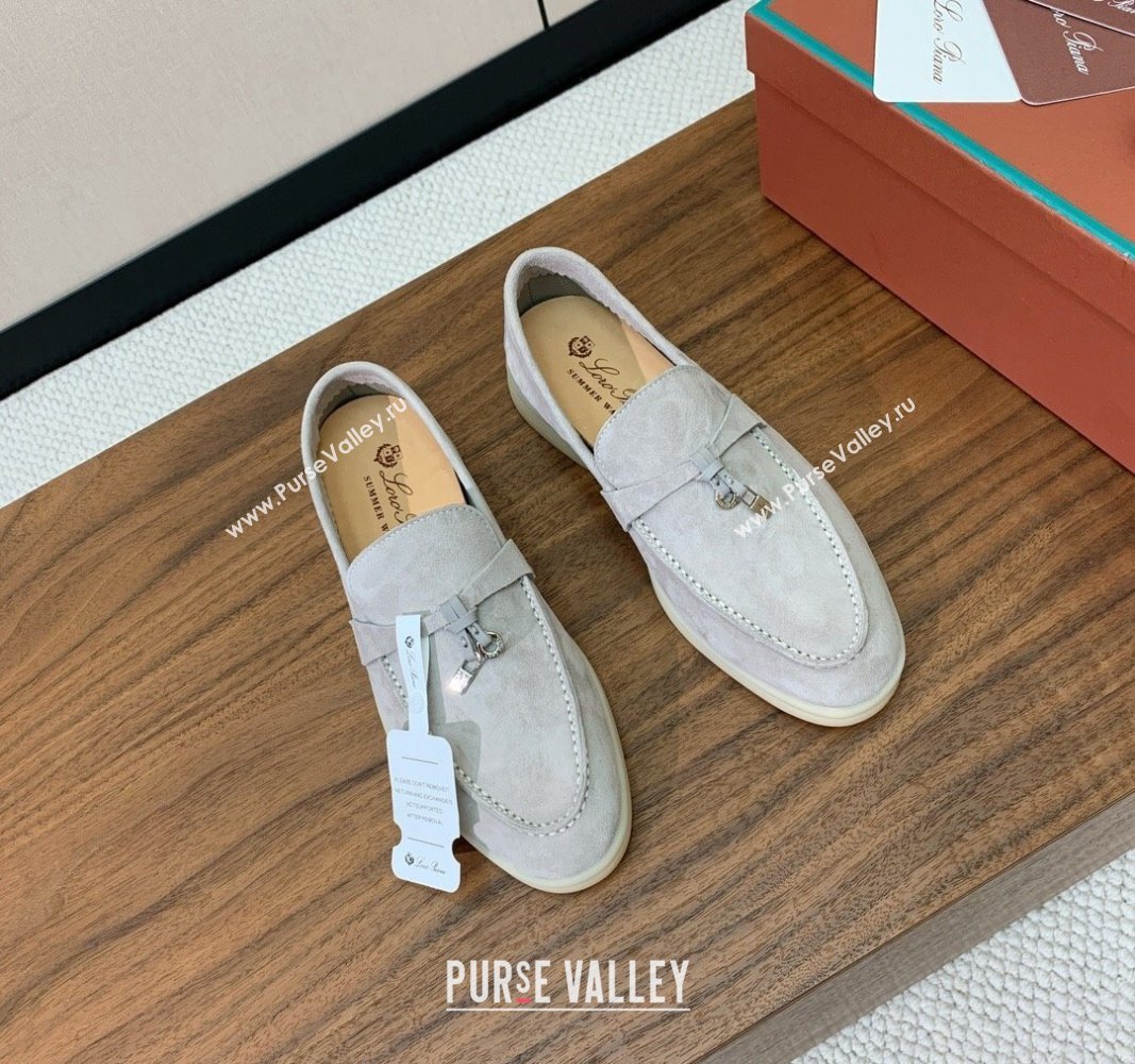 Loro Piana Suede Flat Loafers with Charm Pearly Grey 2024 0812 (MD-240812092)