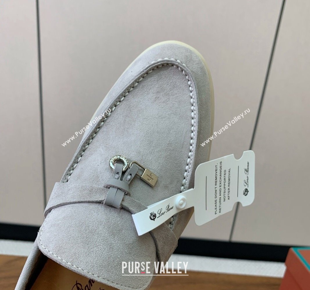 Loro Piana Suede Flat Loafers with Charm Pearly Grey 2024 0812 (MD-240812092)