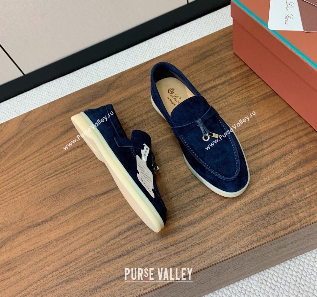 Loro Piana Suede Flat Loafers with Charm Deep Blue 2024 0812 (MD-240812096)