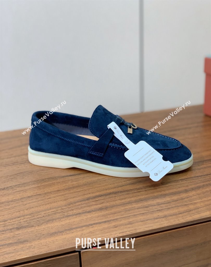 Loro Piana Suede Flat Loafers with Charm Deep Blue 2024 0812 (MD-240812096)