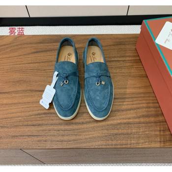 Loro Piana Suede Flat Loafers with Charm Fog Blue 2024 0812 (MD-240812098)