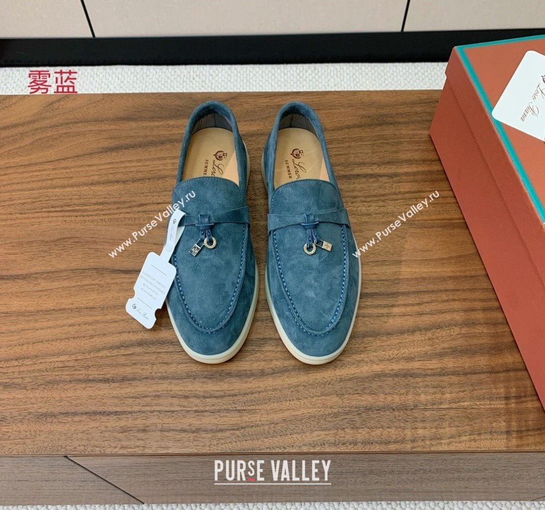 Loro Piana Suede Flat Loafers with Charm Fog Blue 2024 0812 (MD-240812098)