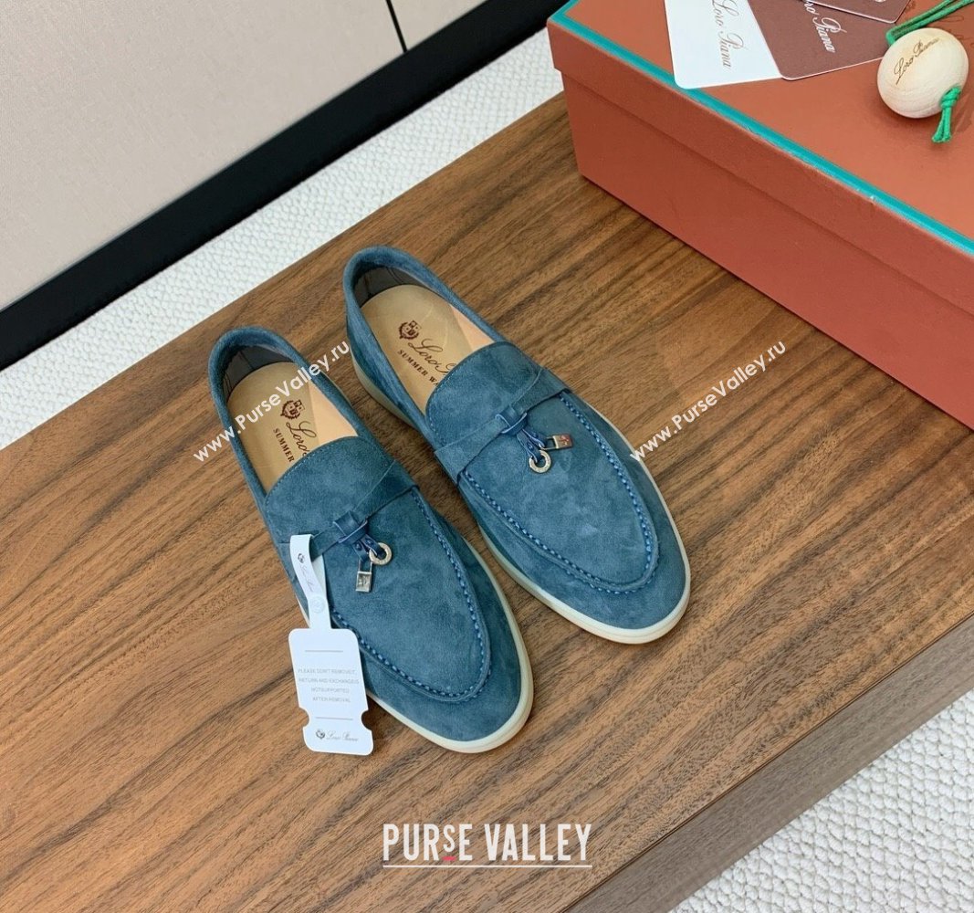 Loro Piana Suede Flat Loafers with Charm Fog Blue 2024 0812 (MD-240812098)