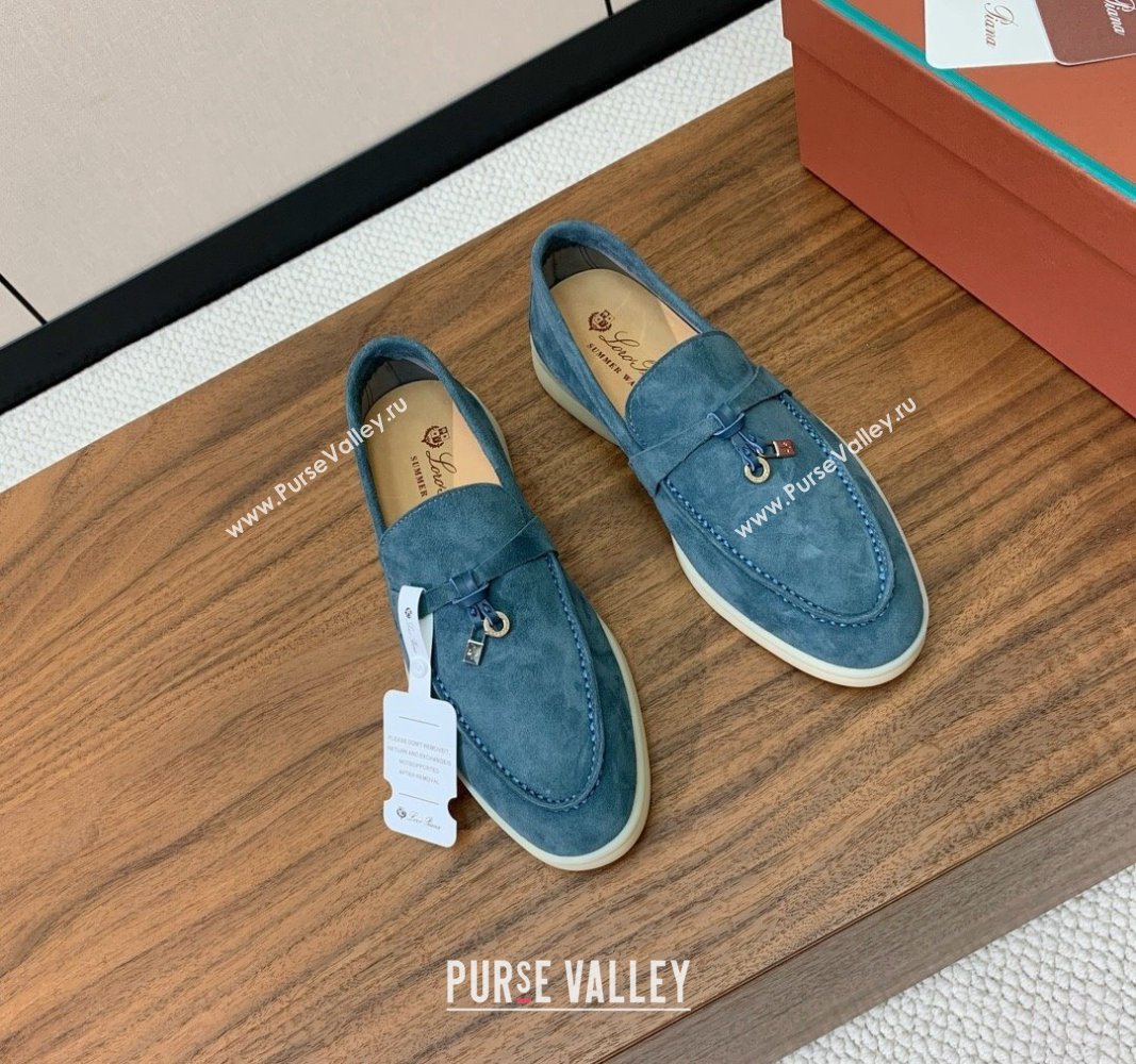 Loro Piana Suede Flat Loafers with Charm Fog Blue 2024 0812 (MD-240812098)