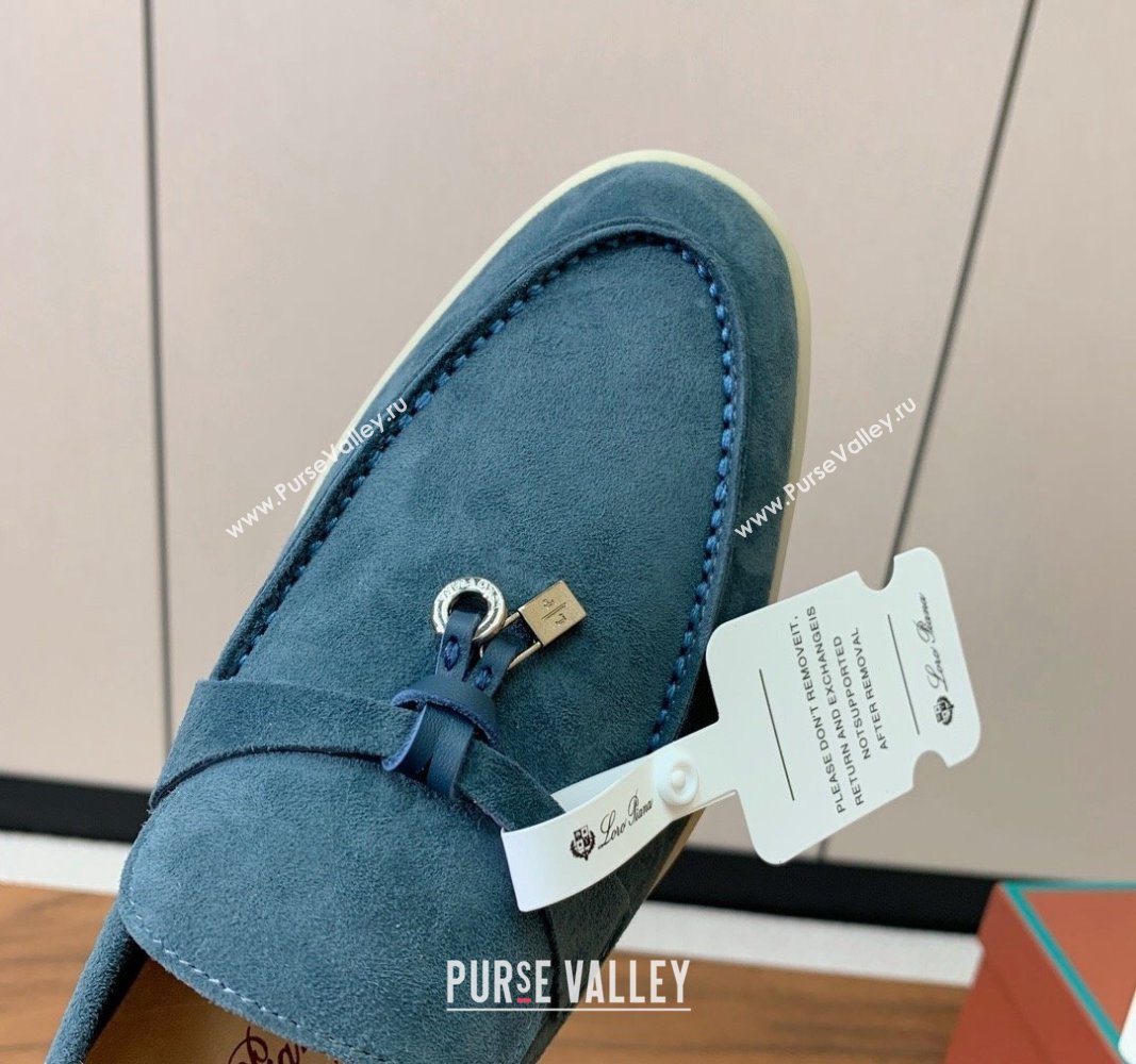 Loro Piana Suede Flat Loafers with Charm Fog Blue 2024 0812 (MD-240812098)