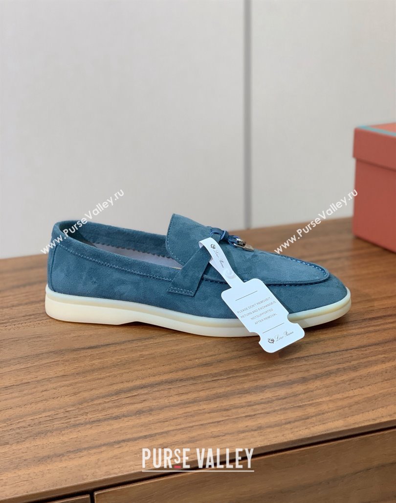 Loro Piana Suede Flat Loafers with Charm Fog Blue 2024 0812 (MD-240812098)