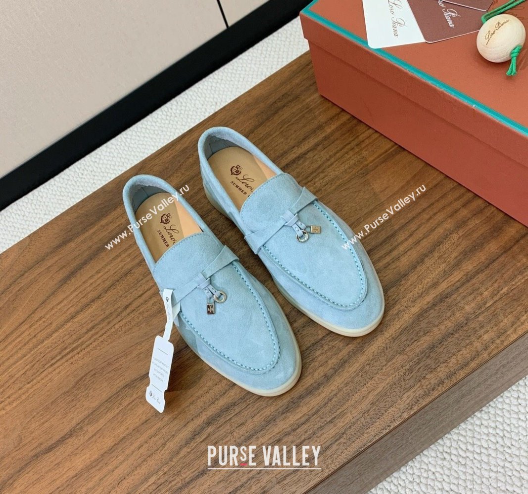 Loro Piana Suede Flat Loafers with Charm Light Blue 2024 0812 (MD-240812101)