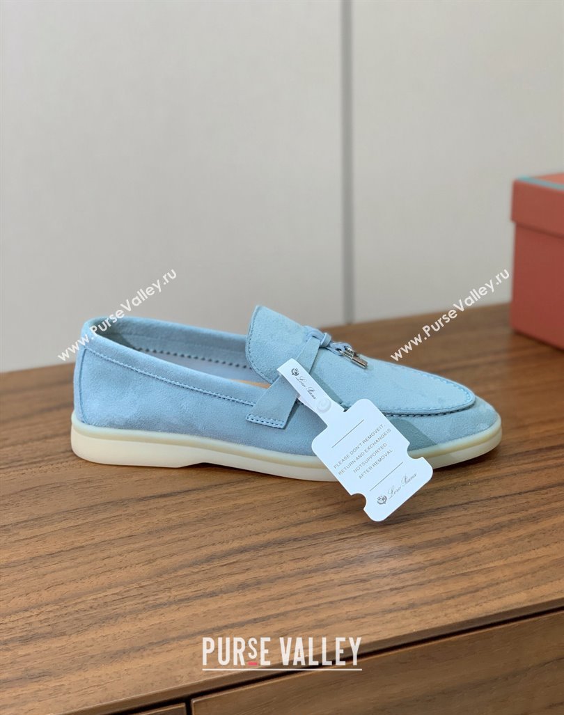 Loro Piana Suede Flat Loafers with Charm Light Blue 2024 0812 (MD-240812101)