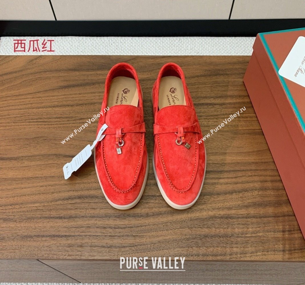 Loro Piana Suede Flat Loafers with Charm Watermelon Red 2024 0812 (MD-240812107)