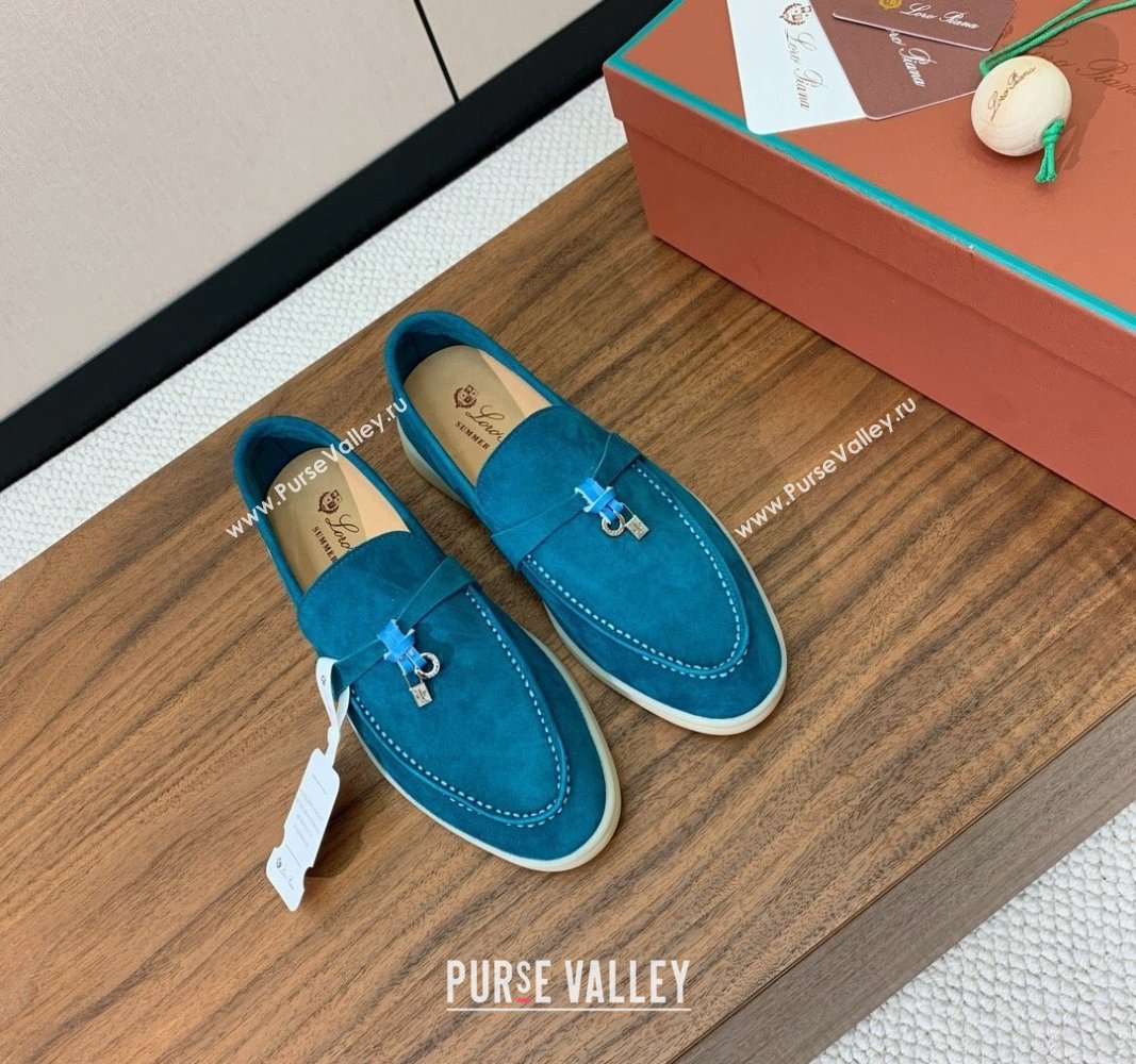 Loro Piana Suede Flat Loafers with Charm Stone Blue 2024 0812 (MD-240812108)