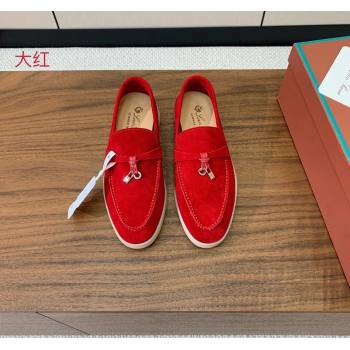 Loro Piana Suede Flat Loafers with Charm Bright Red 2024 0812 (MD-240812110)