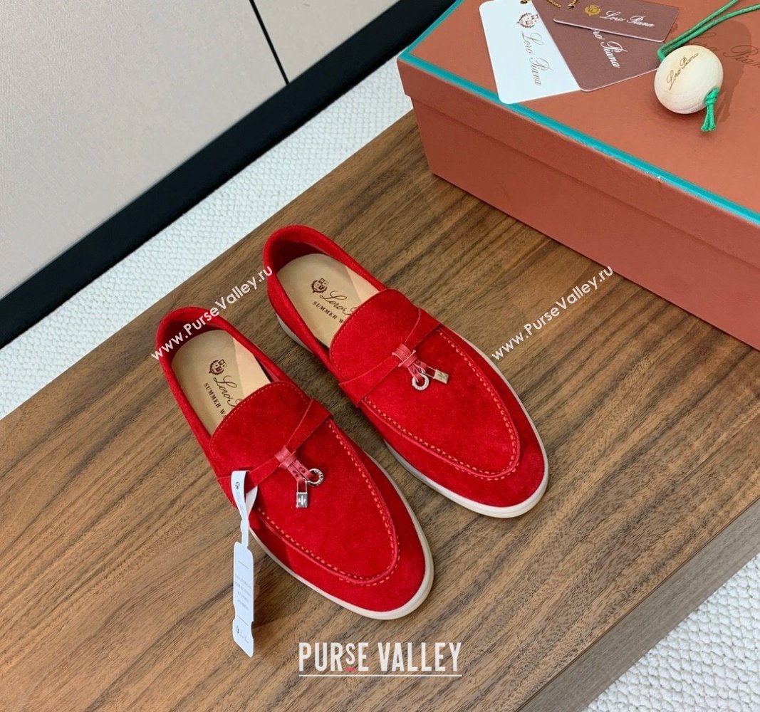 Loro Piana Suede Flat Loafers with Charm Bright Red 2024 0812 (MD-240812110)