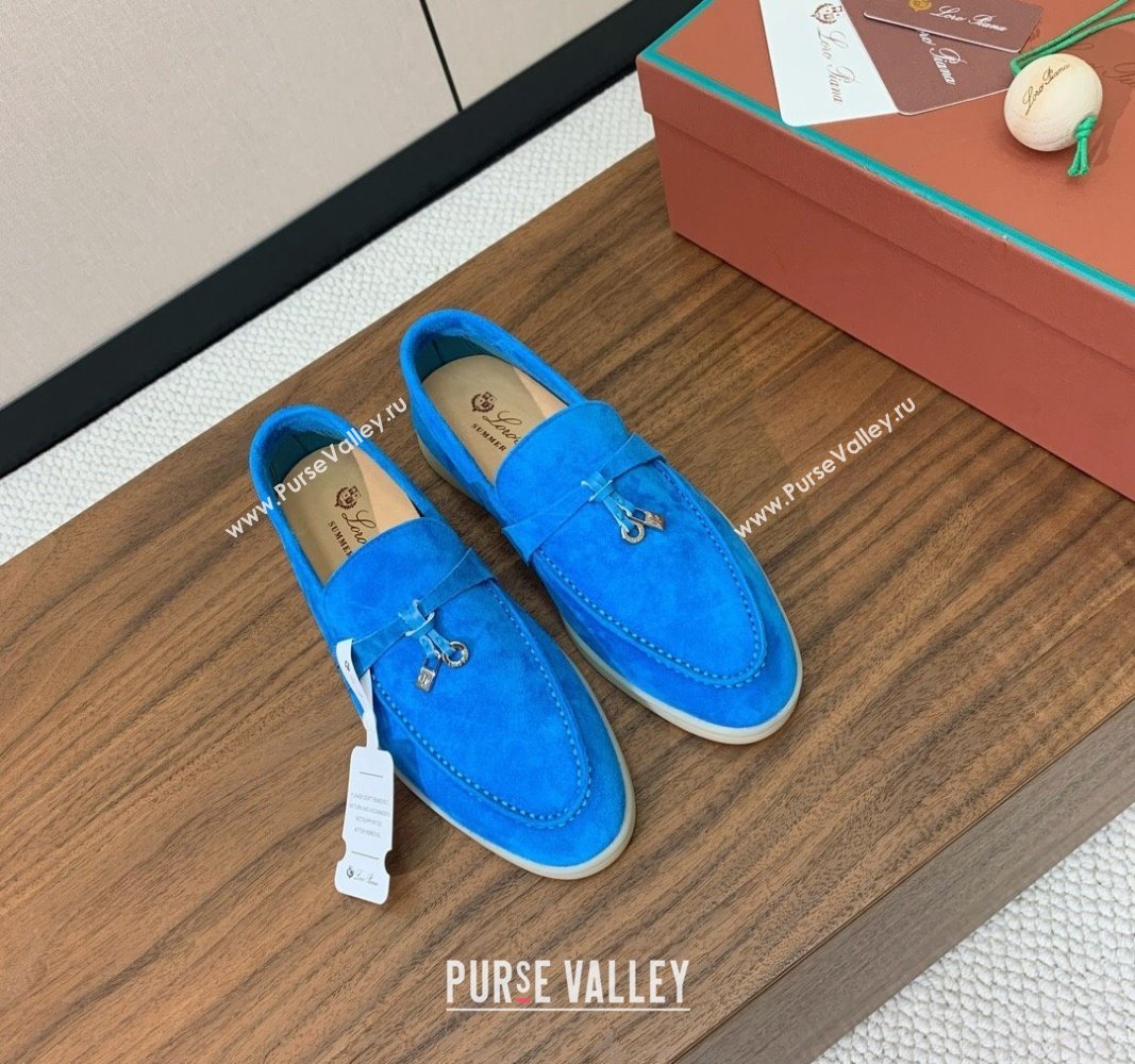 Loro Piana Suede Flat Loafers with Charm Peacock Blue 2024 0812 (MD-240812111)