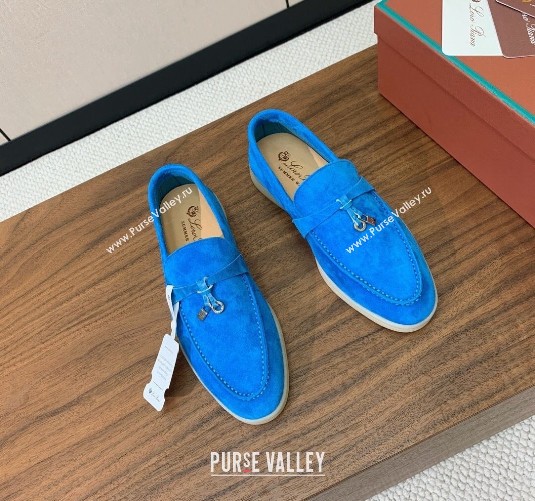 Loro Piana Suede Flat Loafers with Charm Peacock Blue 2024 0812 (MD-240812111)