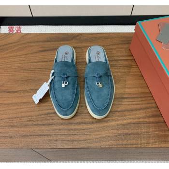 Loro Piana Suede Flat Mules Fog Blue 2024 0812 (MD-240812048)