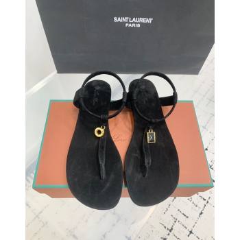 Loro Piana Mindi Suede Flat Thong Sandal Black 2024 0724 (KER-240724063)