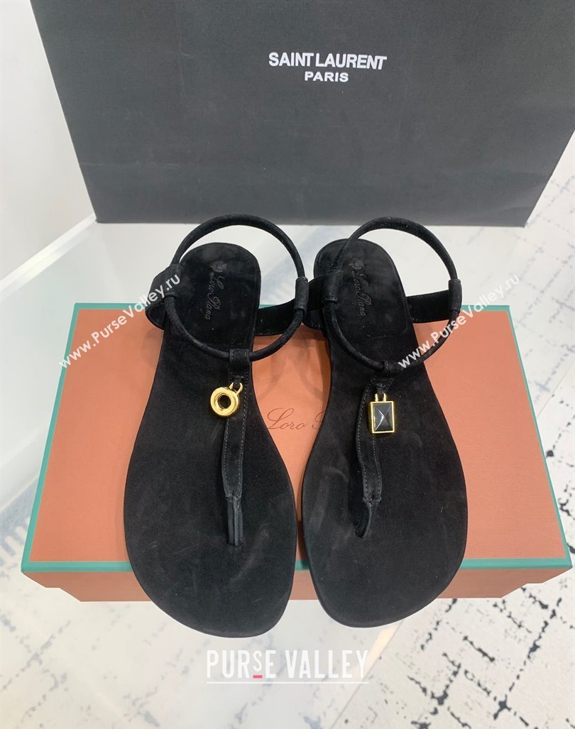 Loro Piana Mindi Suede Flat Thong Sandal Black 2024 0724 (KER-240724063)