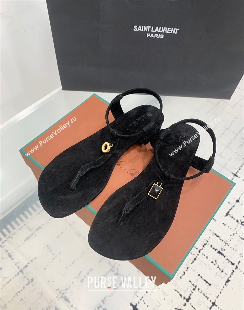 Loro Piana Mindi Suede Flat Thong Sandal Black 2024 0724 (KER-240724063)