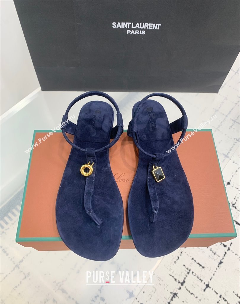 Loro Piana Mindi Suede Flat Thong Sandal Dark Blue 2024 0724 (KER-240724065)