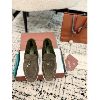 Loro Piana Summer Charm Loafers in Suede and Rabbit Fur Dusty Green 2024 LP101103 (KL-241011071)