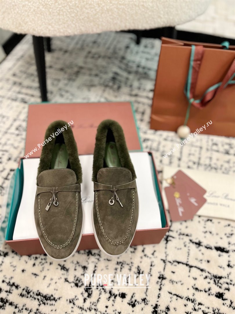 Loro Piana Summer Charm Loafers in Suede and Rabbit Fur Dusty Green 2024 LP101103 (KL-241011071)