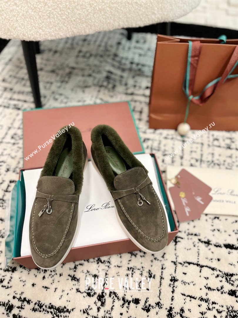 Loro Piana Summer Charm Loafers in Suede and Rabbit Fur Dusty Green 2024 LP101103 (KL-241011071)