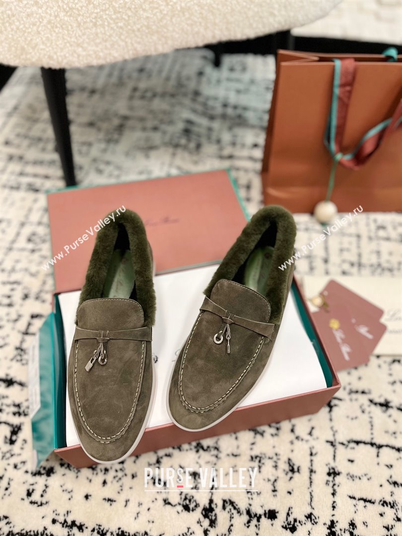 Loro Piana Summer Charm Loafers in Suede and Rabbit Fur Dusty Green 2024 LP101103 (KL-241011071)