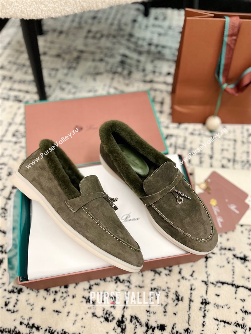 Loro Piana Summer Charm Loafers in Suede and Rabbit Fur Dusty Green 2024 LP101103 (KL-241011071)