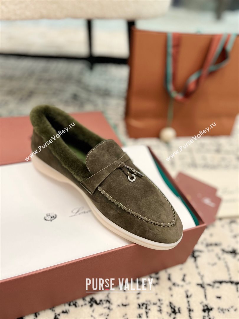 Loro Piana Summer Charm Loafers in Suede and Rabbit Fur Dusty Green 2024 LP101103 (KL-241011071)