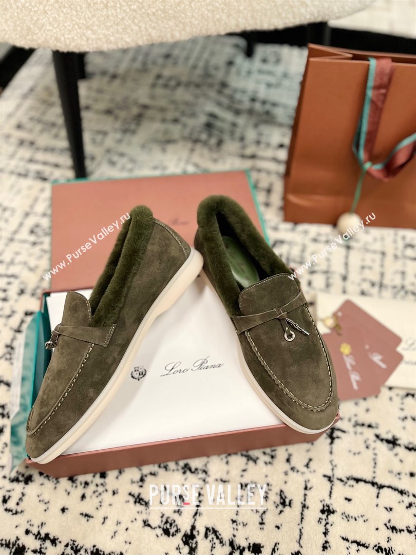 Loro Piana Summer Charm Loafers in Suede and Rabbit Fur Dusty Green 2024 LP101103 (KL-241011071)