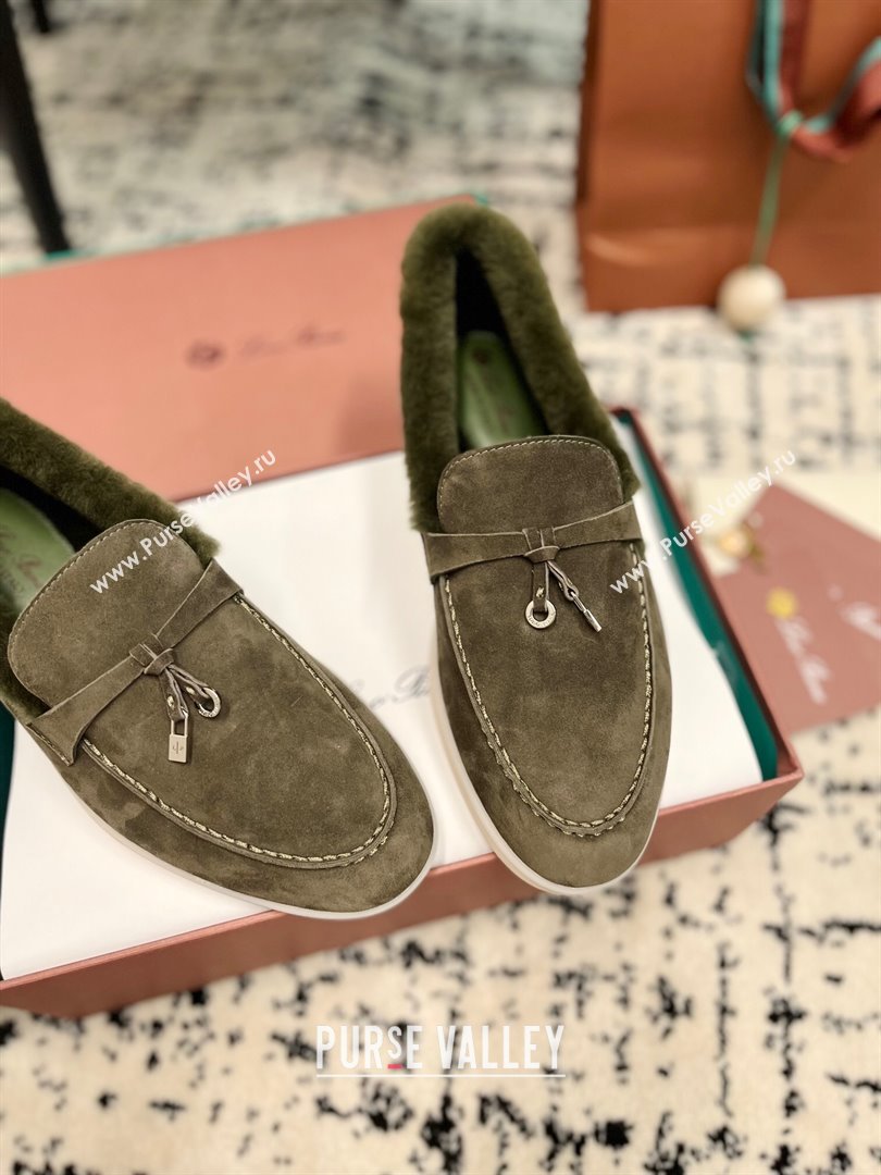 Loro Piana Summer Charm Loafers in Suede and Rabbit Fur Dusty Green 2024 LP101103 (KL-241011071)