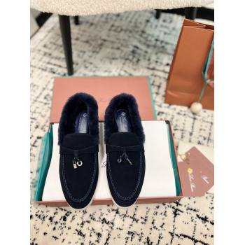 Loro Piana Summer Charm Loafers in Suede and Rabbit Fur Dark Blue 2024 LP101103 (KL-241011072)